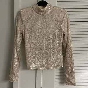 Sequin Long Sleeve Top Blouse - Cream Champagne Beige